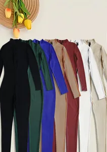A selection of ribbed long sleeve sport jumpsuits with front zip in multiple colors