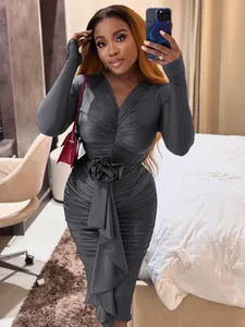 Elegant charcoal ruched V-neck bodycon dress with a detailed 3D rose waist decoration