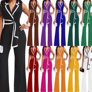 Damen Ärmelloser Jumpsuit mit V-Ausschnitt und weitem Bein in elf kräftigen Farben.