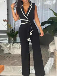 Eleganter ärmelloser Jumpsuit mit V-Ausschnitt und weitem Bein sowie weißer Paspel