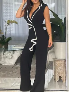Eleganter schwarzer ärmelloser Jumpsuit mit V-Ausschnitt und weißen Kontrastborten