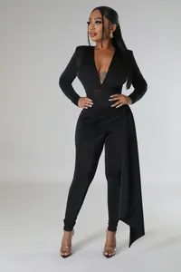 Elegant solid black deep V-neck long sleeve jumpsuit featuring a side drape skirt