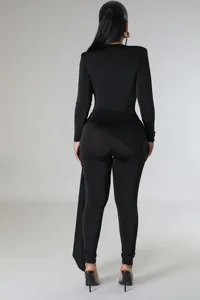 Back view of a sexy black long sleeve bodycon jumpsuit with draped waist detail
