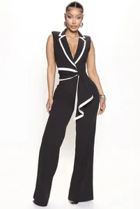 Eleganter ärmelloser Overall mit V-Ausschnitt, weißem Besatz und weitem Bein