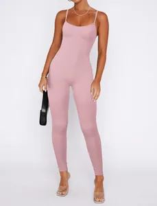 Elegant pink ribbed skin-tight camisole jumpsuit for women featuring a sexy backless style