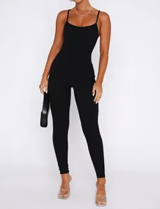 Detail view of a sexy black backless sleeveless long jumpsuit bodysuit for women.