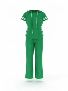 Green short-sleeve hooded tracksuit set with white side stripes and loose pants