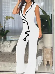 Eleganter weißer ärmelloser Jumpsuit mit stilvoller schwarzer Paspelierung und V-Ausschnitt