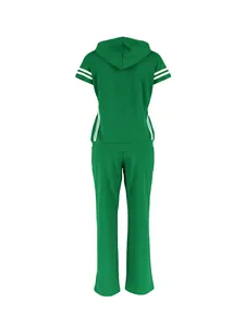 Green women's sports set featuring a hooded short-sleeve top and loose pants with stripes