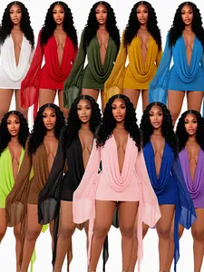 Sexy Durchsichtiges Netz Glockenärmel Tief V-Ausschnitt Körperbetontes Minikleid Für Damen Party Nachtclub Einfarbiges Netz Kleid