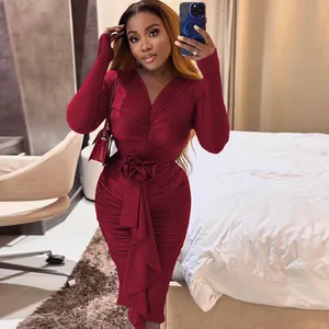 Elegant wine red bodycon dress featuring V-neckline and 3D rose waist decoration.