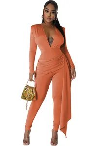 Sexy orange deep V-neck long sleeve jumpsuit featuring elegant side drape and tight fit