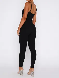 Back view of a sexy black spaghetti strap backless tight jumpsuit for women