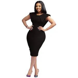 Full-length view of a black sleeveless office dress with unique wing collar details.