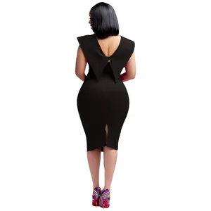 Back view of elegant black sleeveless midi dress with unique wing-like V-back and slit