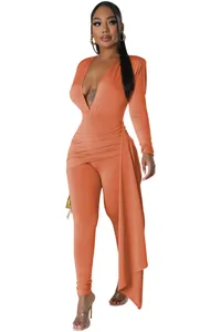Sexy deep V-neck orange jumpsuit with long sleeves and elegant side drape detail.