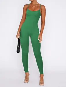 Detailed view of sexy green ribbed spaghetti strap jumpsuit, slim fit one-piece bodysuit
