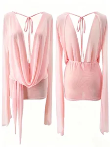 Sexiges rosa transparentes Netz-Minikleid mit ausgestellten Ärmeln und tiefem V-Ausschnitt