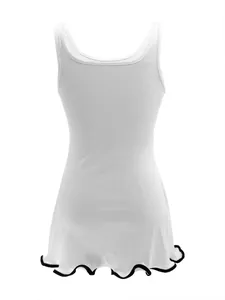 Back view of white ribbed sleeveless mini dress featuring black wavy lettuce hem detail