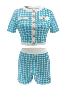 Stilvolles blaues Hahnentritt-Zweiteiler-Set für Damen mit Kurzarm-Top und Shorts