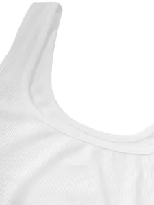 Macro detail showing the high-quality ribbed knit neckline of a white sleeveless dress.