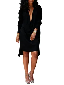 Elegant black deep V-neck long sleeve dress for nightclub parties and evening events