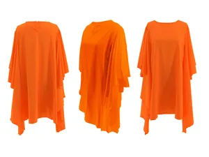Robe orange grande taille avec manches chauve-souris, vue de face, de côté et de l'arrière.