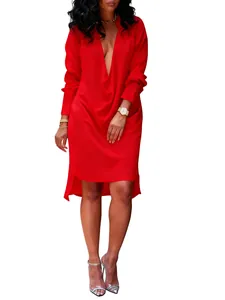Front view of a sexy red long-sleeved dress with a deep V-neck and asymmetrical hem