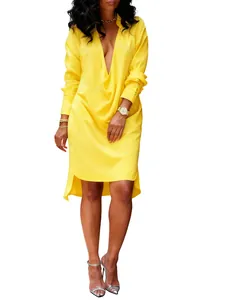 Sexy deep V-neck yellow long-sleeved dress featuring an asymmetrical high-low hem design