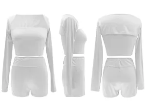 Voor-, zij- en achteraanzicht van een wit effen casual set met lange mouwen en shorts