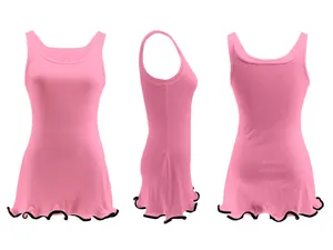 Detailed views of pink sleeveless ribbed dress with black-piped ruffled hem.