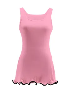 Slim fit pink sleeveless ribbed dress with decorative black ruffled wavy hem detail