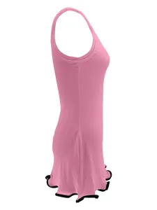 Detail side view of a pink ribbed sleeveless slim fit dress with black wavy ruffle hem