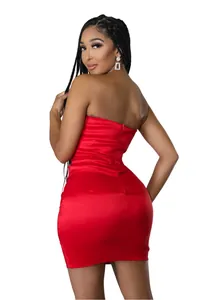 Sexy red strapless bodycon evening dress showing smooth back fit and slim silhouette