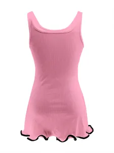 Detailed view of a pink ribbed sleeveless tank dress with a contrast black wavy lettuce hem