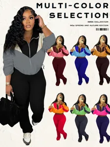 Women's Patchwork Sport Set Long Sleeve Zipper Jacket And High Waist Slim Pants Contrast Color Two Piece Top And Bottom