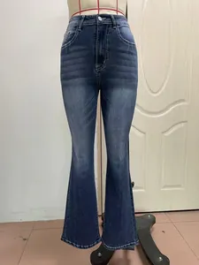 Detailed front view of women's blue washed stretch flare jeans on mannequin torso