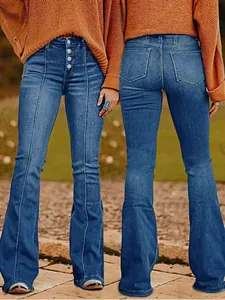Dames flare jeans met hoge taille en slim fit in blauw, voor- en achteraanzicht details