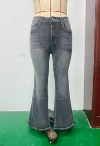 High waisted washed grey stretch flare jeans for women featuring a vintage street style look