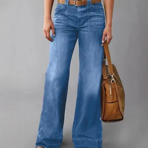 Jean large en denim bleu à taille haute pour femme avec poches plaquées sur le devant