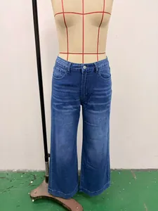 Stylish retro washed high-waist wide-leg denim jeans featuring a loose fit silhouette