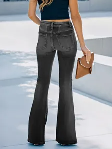 Achteraanzicht van een stijlvolle donkergrijze slim-fit flared jeans voor dames.