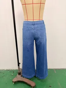 Detailed back view of vintage washed wide-leg blue denim jeans shown on a mannequin