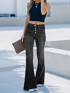 Modieuze zwarte flare jeans met hoge taille en knoopsluiting voor dames
