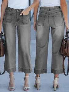 Jean large gris délavé à taille haute avec poches avant et arrière