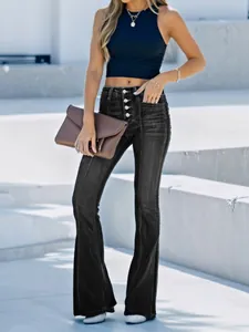 Stijlvolle dames flare jeans met hoge taille van donkere denim en trendy knoopsluiting