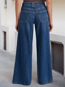 Vue arrière d'un jean pour femme à jambes larges en denim bleu foncé à taille haute