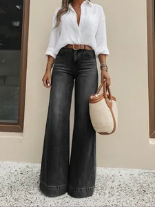 Vintage washed high-waisted wide-leg denim jeans in dark grey for stylish women's fashion