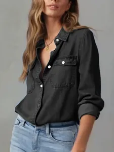 Casual black denim long-sleeved shirt for women featuring a classic lapel and single-breasted