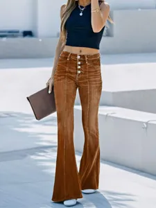 Elegante vintage bruine flared jeans met hoge taille en knoopsluiting voor dames